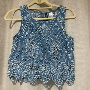Blue Eyelet Lace Cropped Tank Top